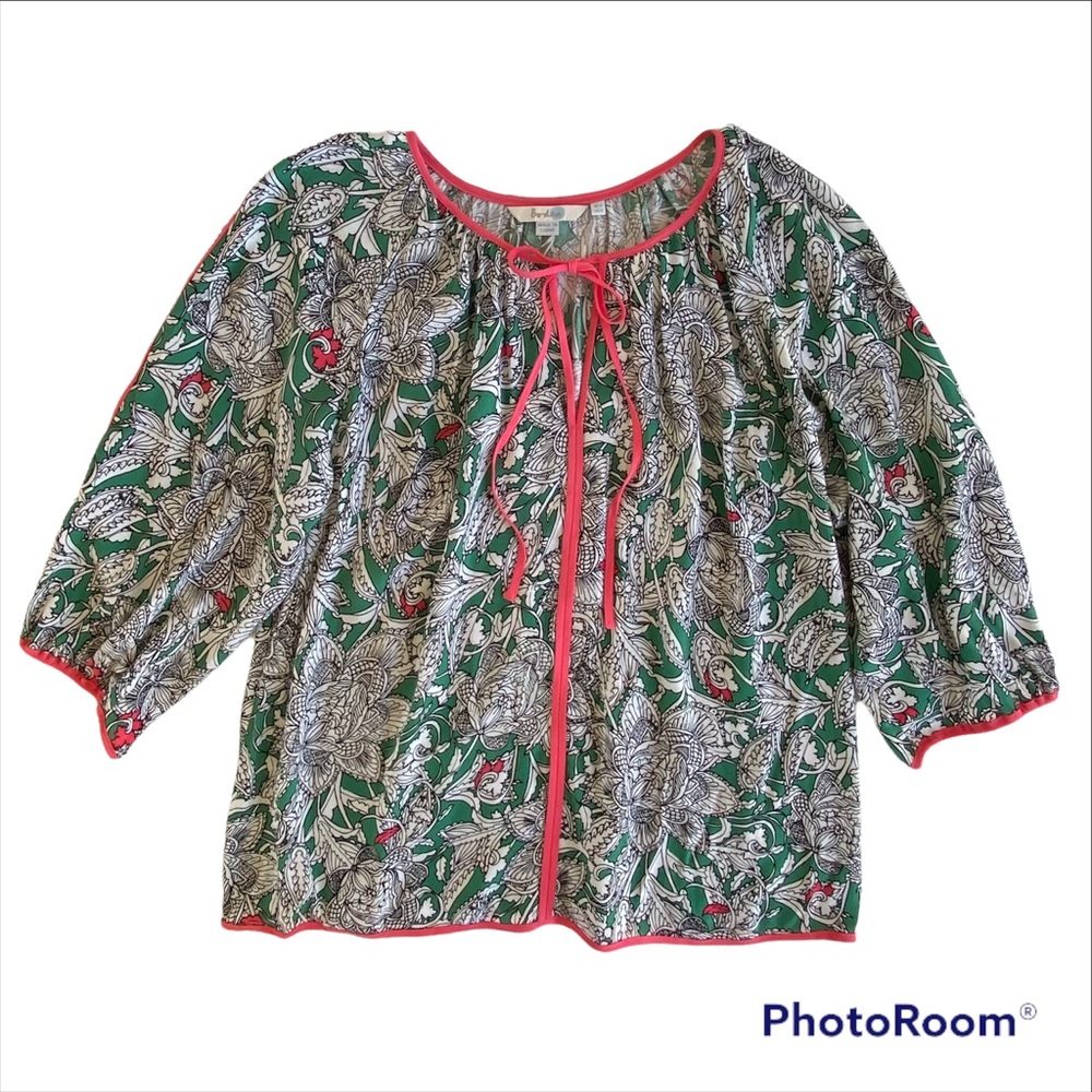 Boden Floral Coral Trim Tie Neck Blouse Size 8